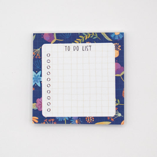 Mini To Do List Pad | Light Grid Pattern | Life's an Adventure Navy Blue Background Floral Notepad